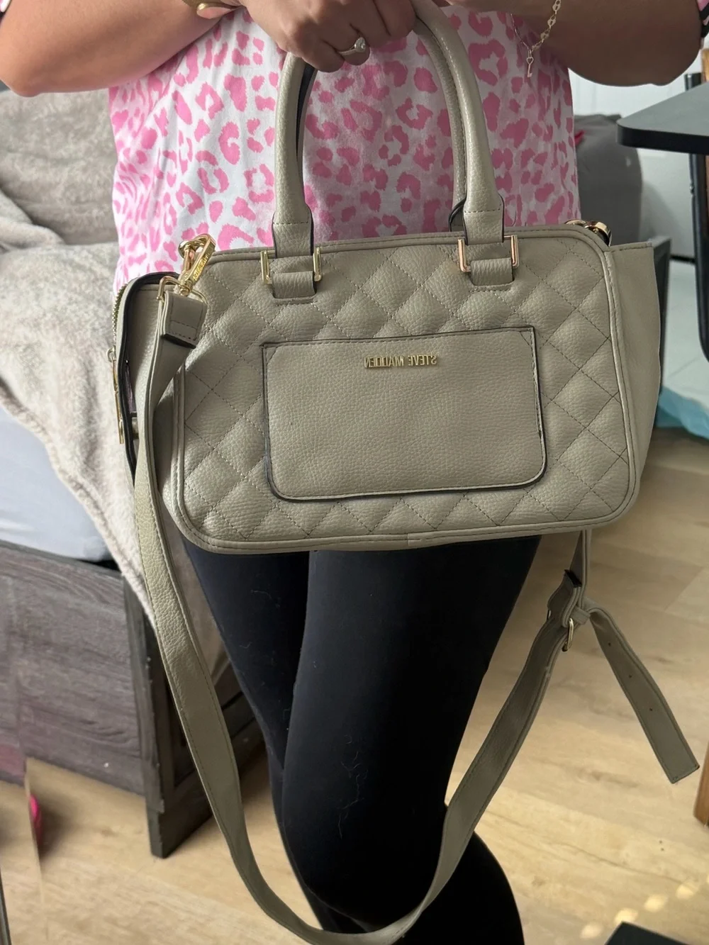 Steve Madden Quilted Beige Satchel with Black Trim